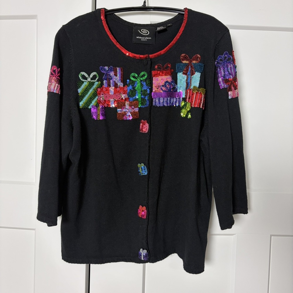 Vintage Michael Simon Event Cardigan Christmas Presents Sequins Beaded Size XL